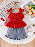 Baby Girls Red Bow Peplum Top and Cherry Embroidered Denim Shorts Set for Summer Outings and Photos