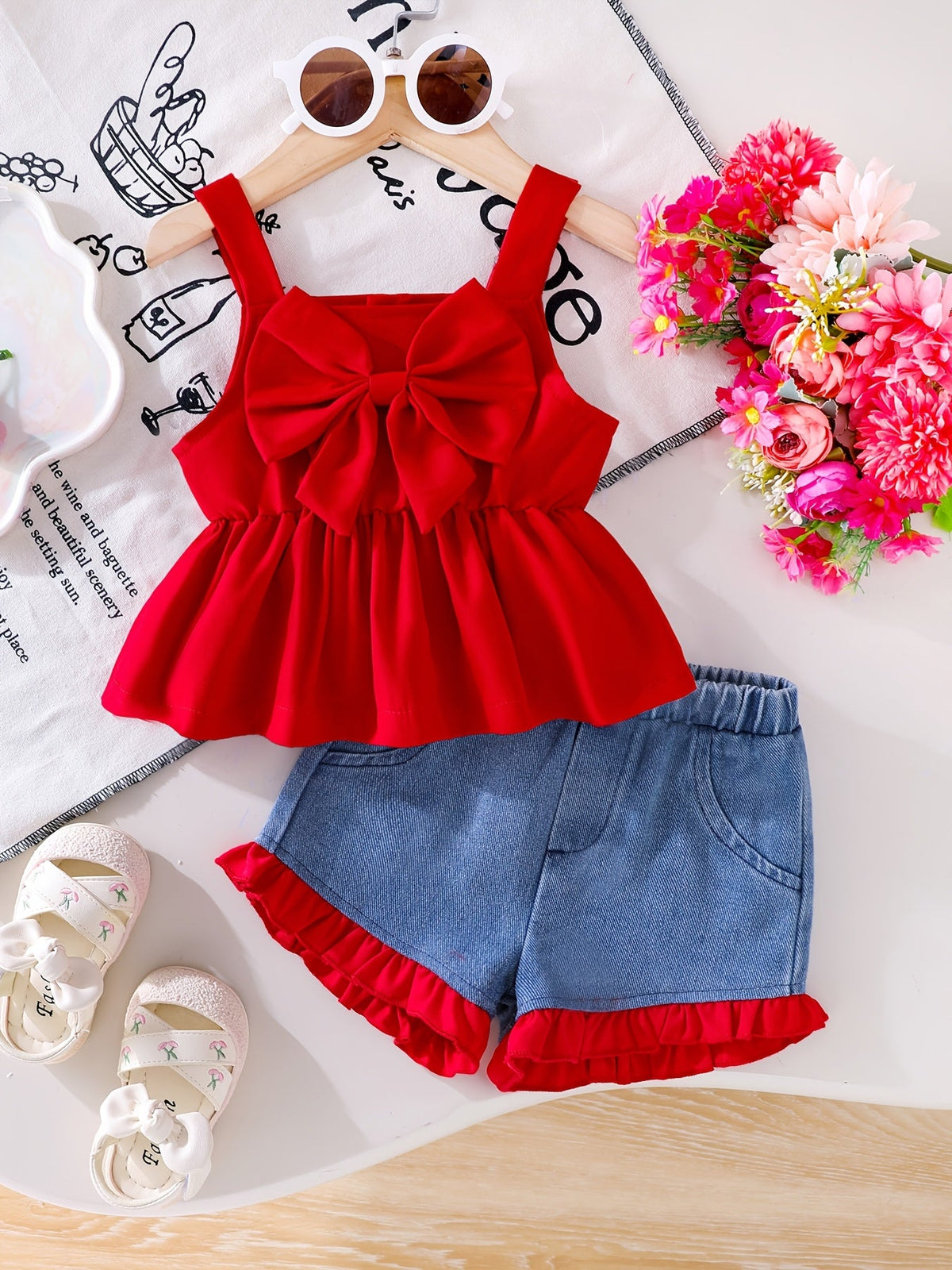 Baby Girls' Red Bow Cami Top and Denim Shorts Set with Ruffle Trim for Summer Outfits and Outdoor Play