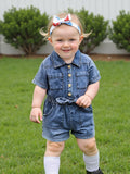Baby Girls' Blue Denim Romper with a Button Front and Elastic Waist for Casual Short-Sleeve Outfits