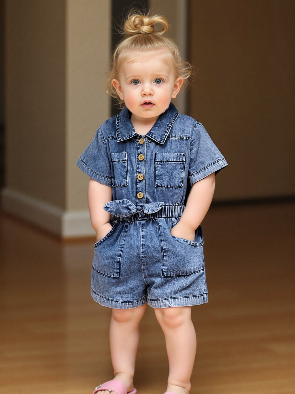 Baby Girls' Blue Denim Romper with a Button Front and Elastic Waist for Casual Short-Sleeve Outfits