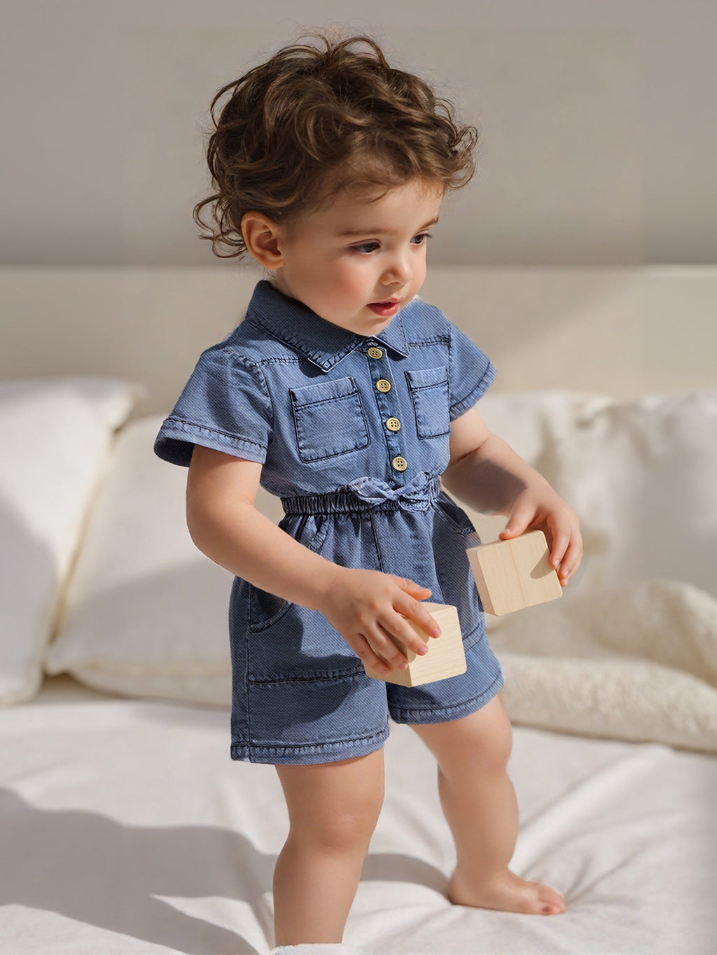 Baby Girls' Blue Denim Romper with a Button Front and Elastic Waist for Casual Short-Sleeve Outfits