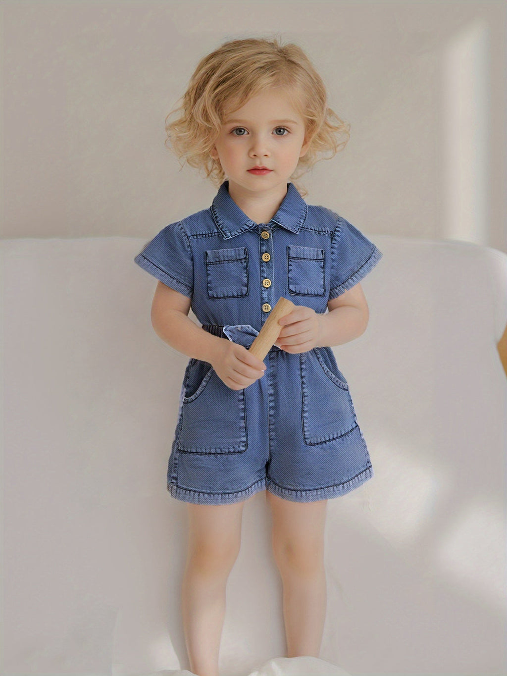Baby Girls' Blue Denim Romper with a Button Front and Elastic Waist for Casual Short-Sleeve Outfits
