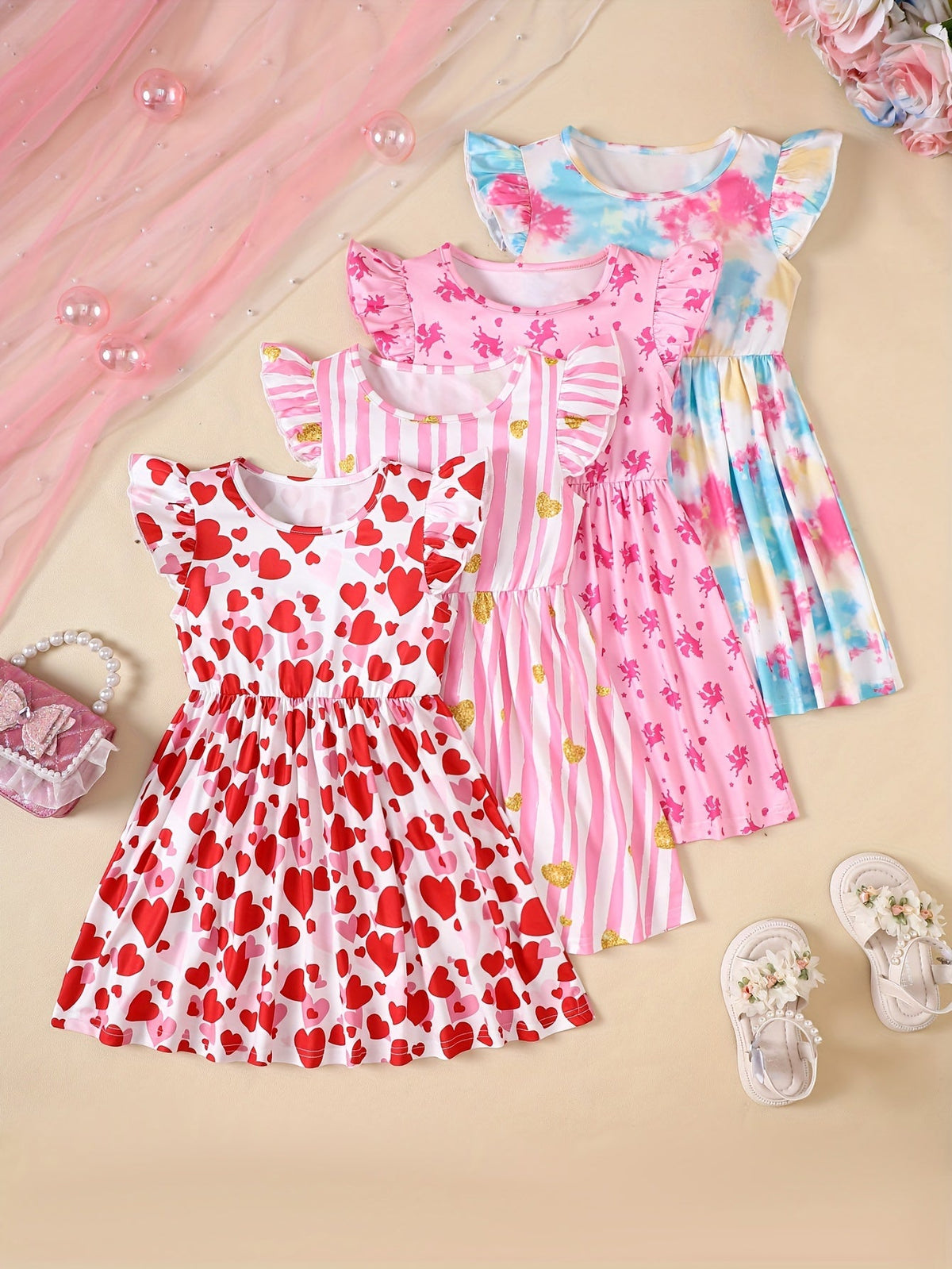 Girls' Printed Summer Dresses 4-Pack with Flutter Sleeves and Flared Skirts for Colorful Everyday Outfits