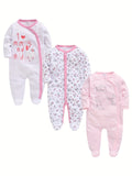 Baby Girls' Footed Rompers 3-Pack in Pink and White with Long Sleeves and Snap Fronts for Everyday Dressing