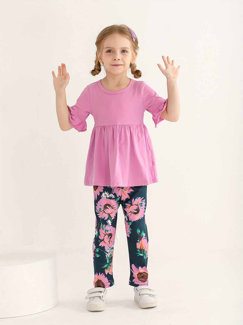 Girls Pants Set in Sky Blue Pink or Violet with a Ruffle Sleeve Top and Sunflower Print Trousers
