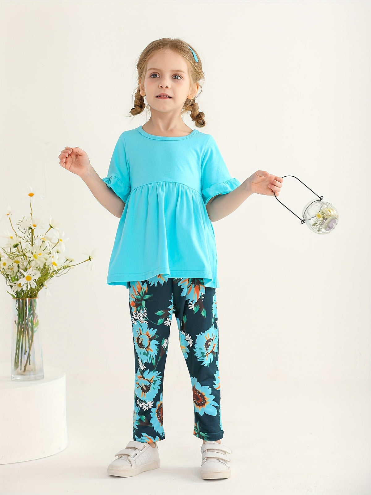 Girls Pants Set in Sky Blue Pink or Violet with a Ruffle Sleeve Top and Sunflower Print Trousers