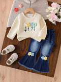 Baby Girl Floral Top and Flare Jeans Set with Three-Dimensional Flowers for Spring and Fall Outfits