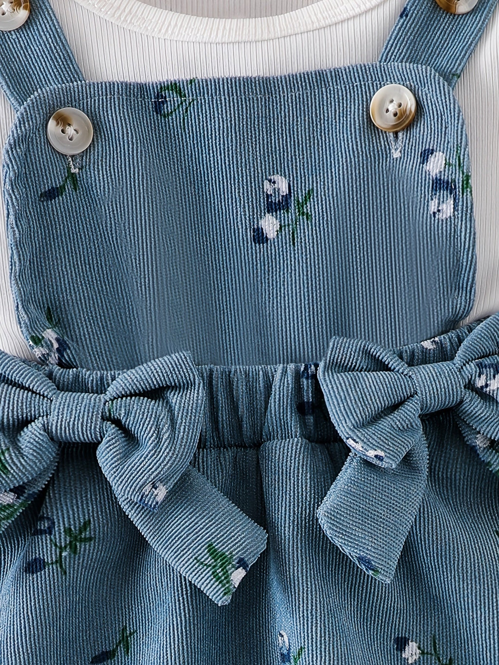 Baby Girls' Floral Pinafore Outfit with a Flutter Sleeve Top and Matching Bow Headband in Steel Blue