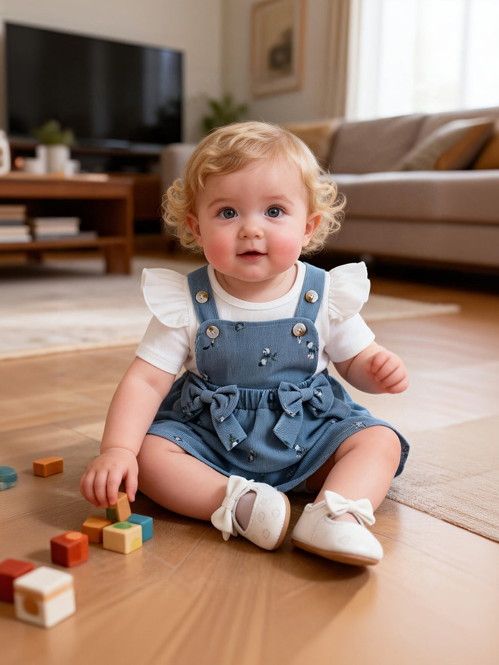 Baby Girls' Floral Pinafore Outfit with a Flutter Sleeve Top and Matching Bow Headband in Steel Blue