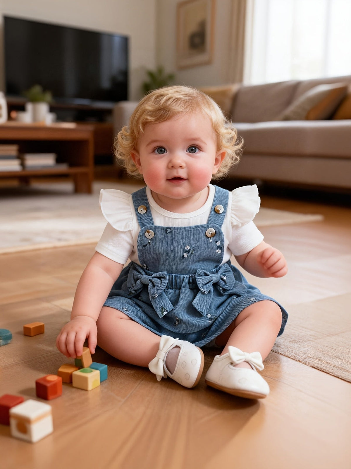 Baby Girls' Floral Pinafore Outfit with a Flutter Sleeve Top and Matching Bow Headband in Steel Blue