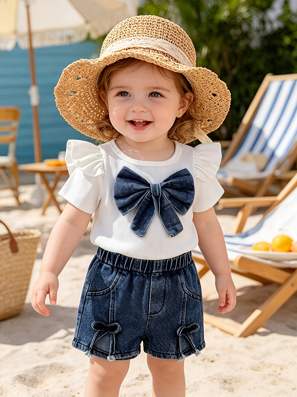 Baby Girl Bow Top and Denim Shorts Set with Flutter Sleeves and Matching Bow Details for Summer
