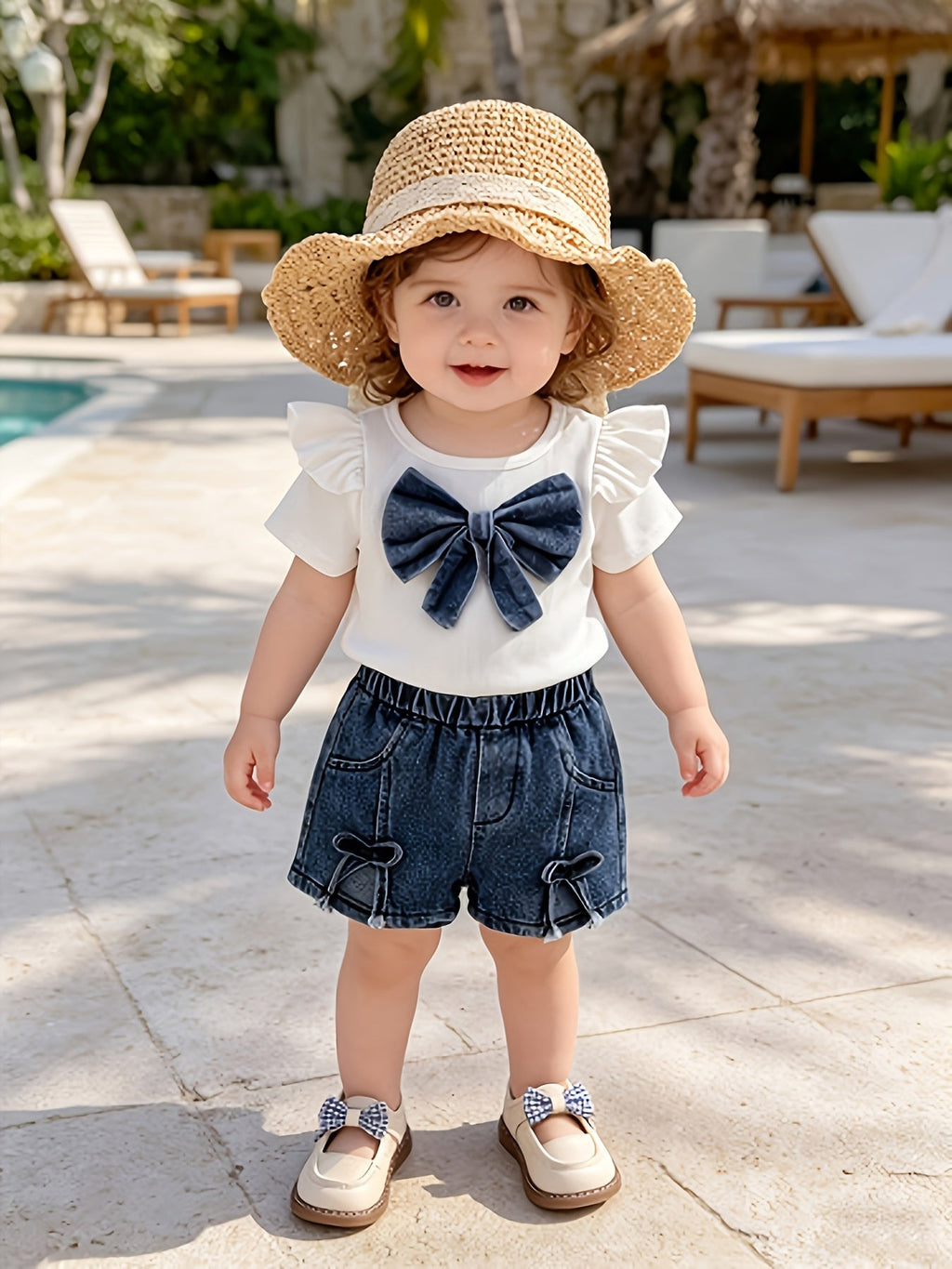 Baby Girl Bow Top and Denim Shorts Set with Flutter Sleeves and Matching Bow Details for Summer