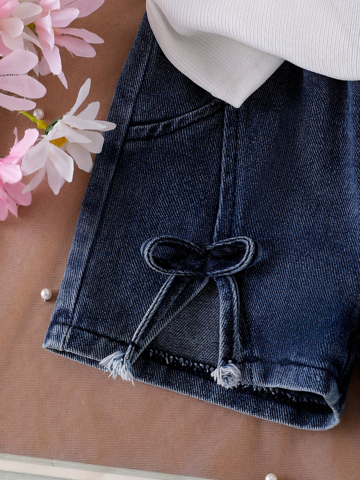 Baby Girl Bow Top and Denim Shorts Set with Flutter Sleeves and Matching Bow Details for Summer