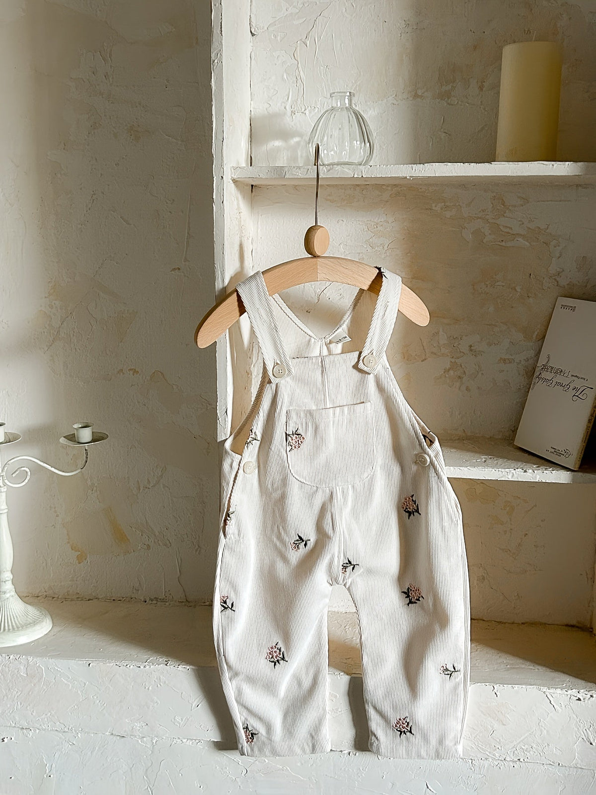 Baby Girls' Ivory Floral Overalls with an Embroidered Bib Pocket and Buttoned Straps for Layered Outfits