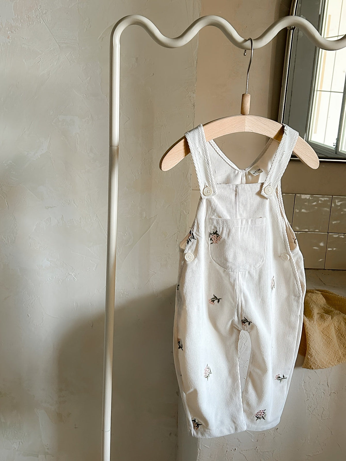 Baby Girls' Ivory Floral Overalls with an Embroidered Bib Pocket and Buttoned Straps for Layered Outfits