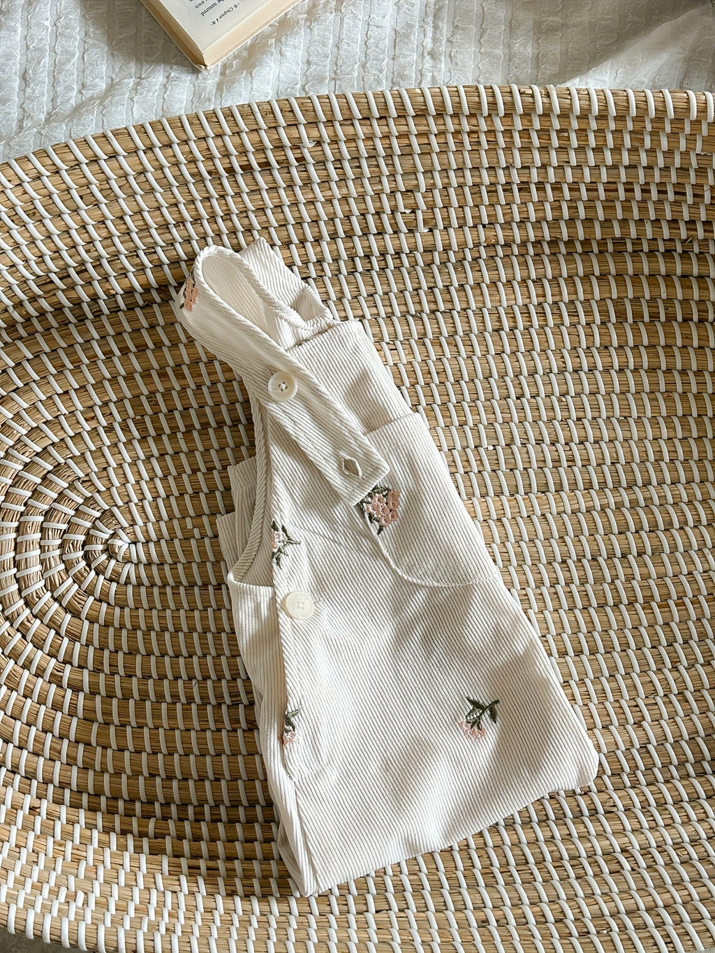 Baby Girls' Ivory Floral Overalls with an Embroidered Bib Pocket and Buttoned Straps for Layered Outfits