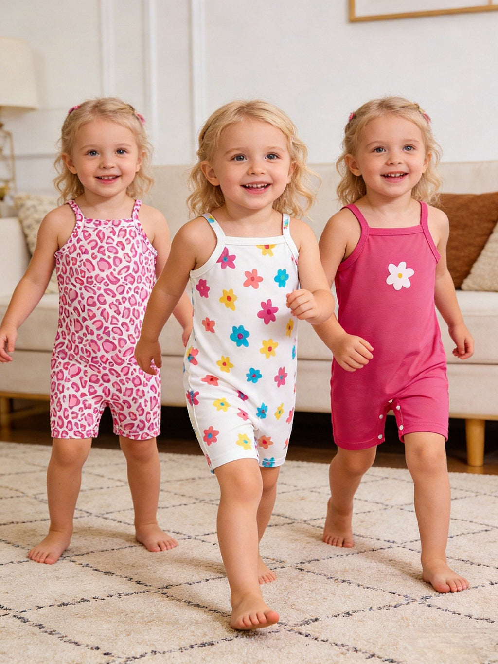 Baby Girls' Sleeveless Rompers 3-Pack in Pink Leopard and Floral Prints with Short Legs for Summer