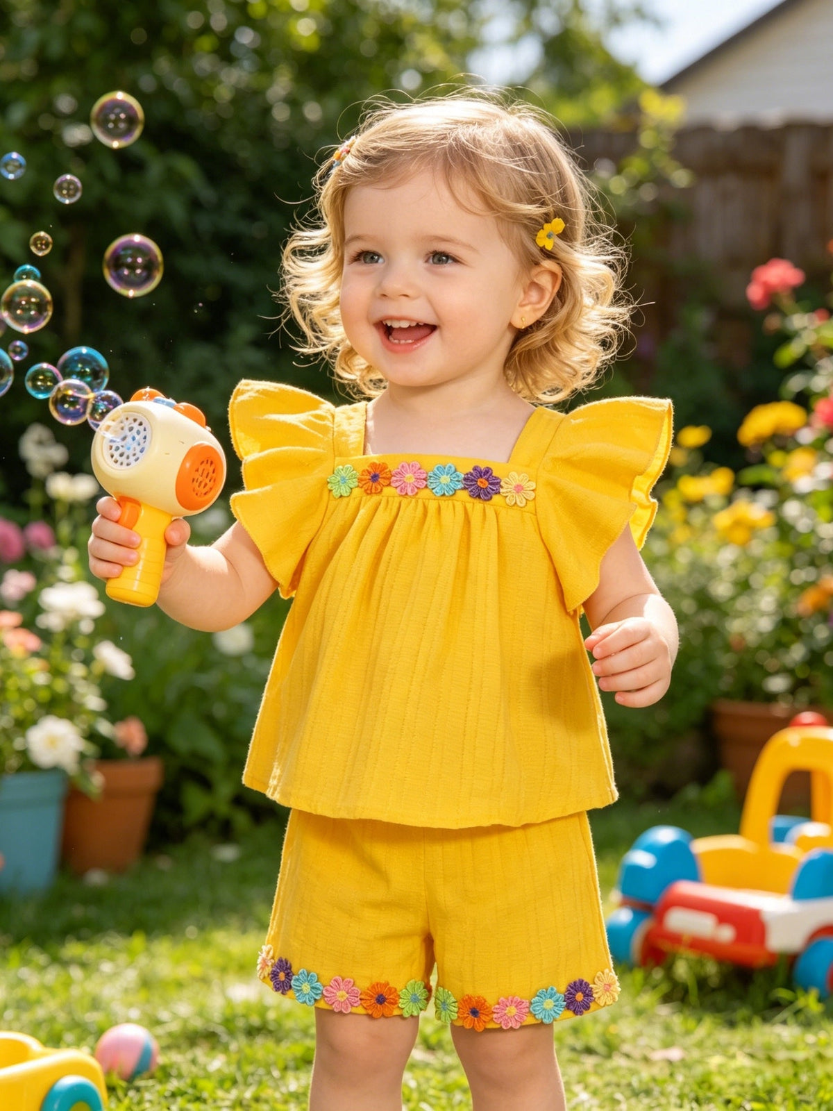 Baby Girls' Floral Top and Shorts Set with Ruffled Shoulders and Matching Flower Trim for Summer Outfits