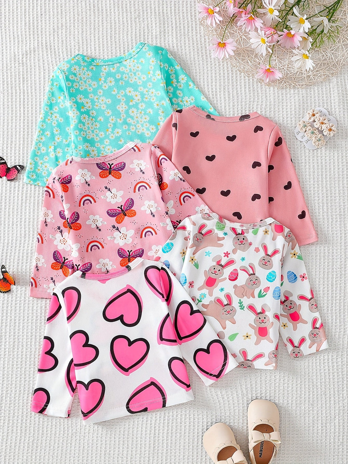 Baby Girl T-Shirts Five-Pack with Flower and Heart Prints in Long Sleeve Styles for Everyday Outfits
