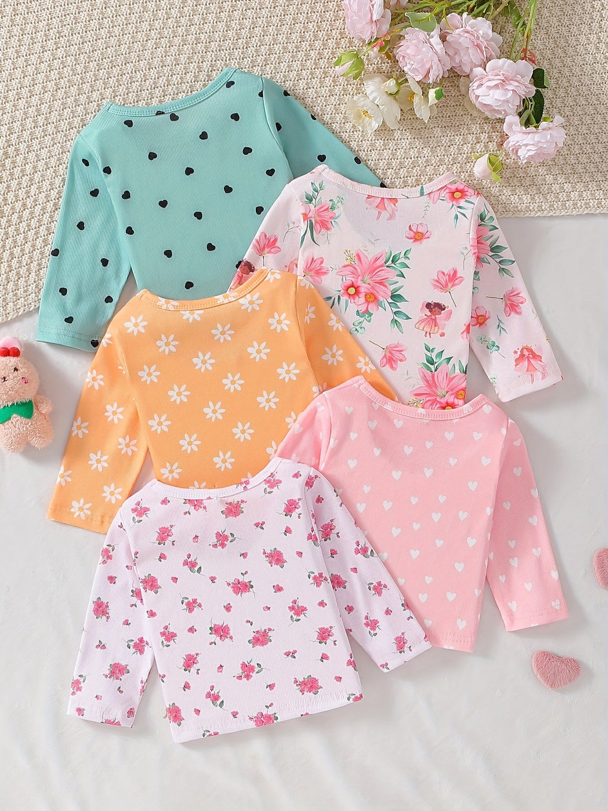 Baby Girl T-Shirts Five-Pack with Flower and Heart Prints in Long Sleeve Styles for Everyday Outfits