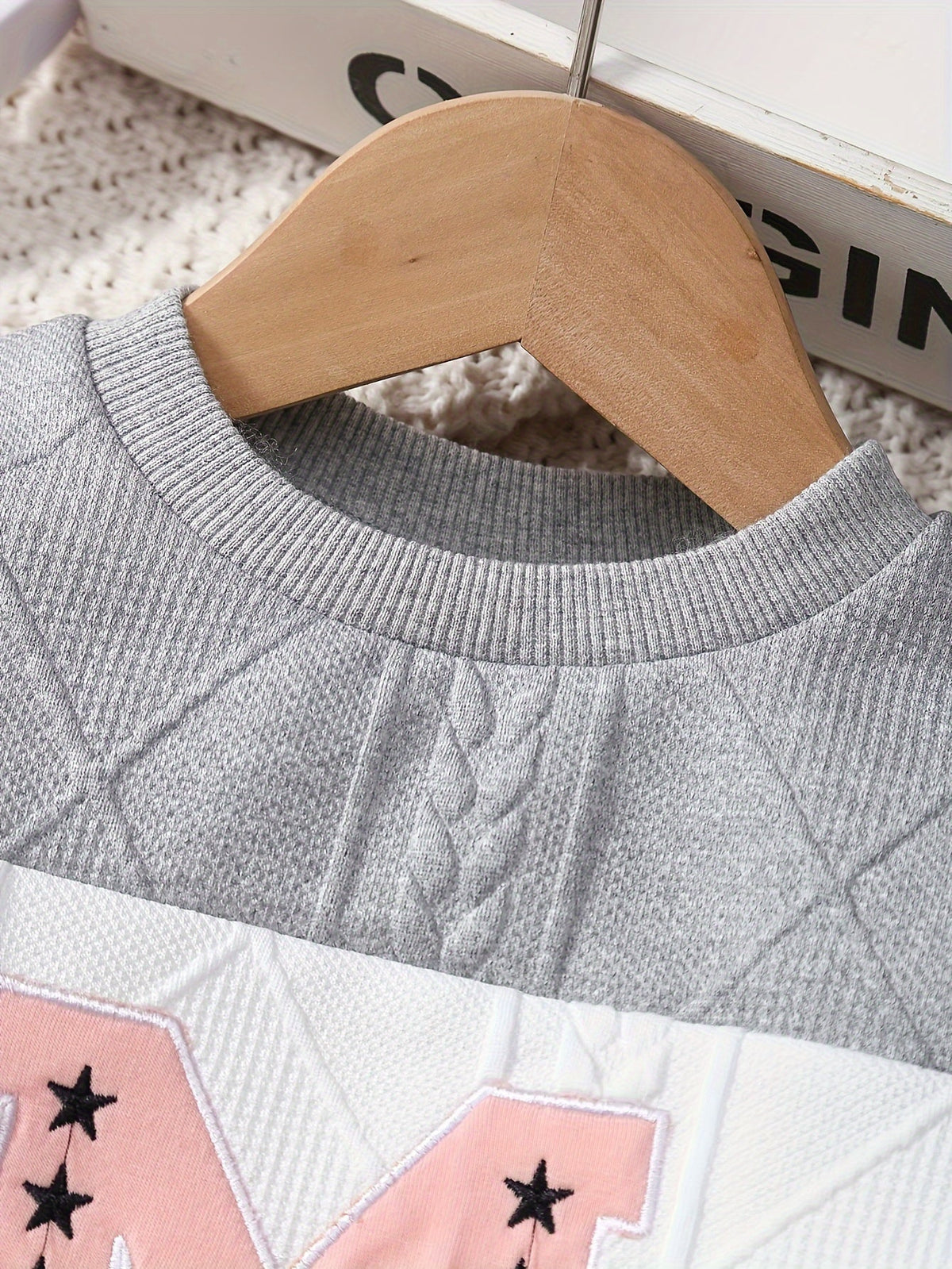 Toddler Girls' Textured Pants Set with an M Letter Top and Gray Pink White Colorblocking in 18-24M