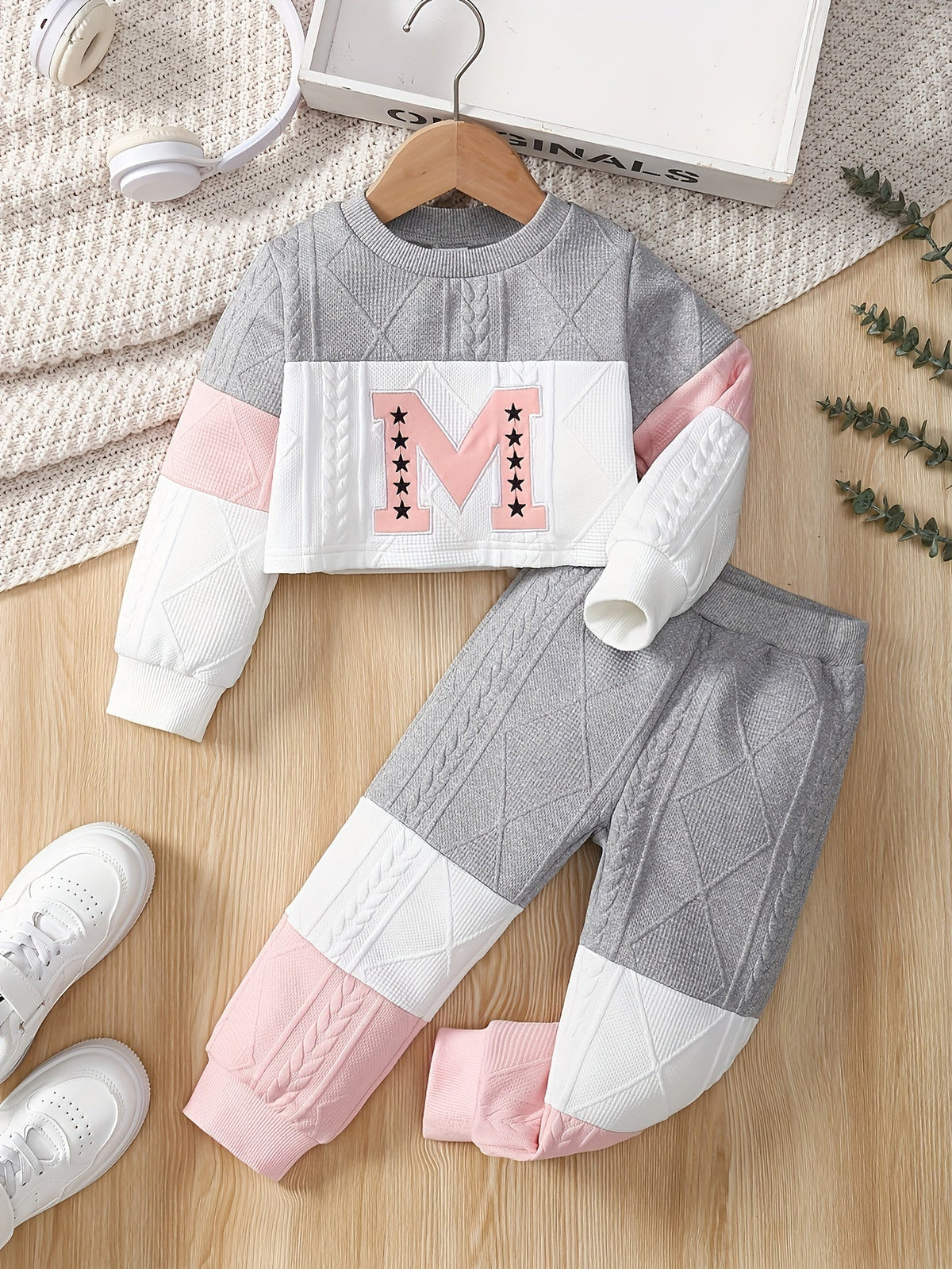 Toddler Girls' Textured Pants Set with an M Letter Top and Gray Pink White Colorblocking in 18-24M