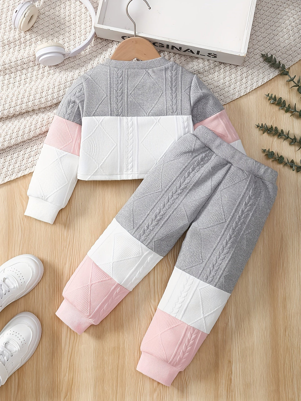 Toddler Girls' Textured Pants Set with an M Letter Top and Gray Pink White Colorblocking in 18-24M
