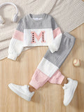 Toddler Girls' Textured Pants Set with an M Letter Top and Gray Pink White Colorblocking in 18-24M