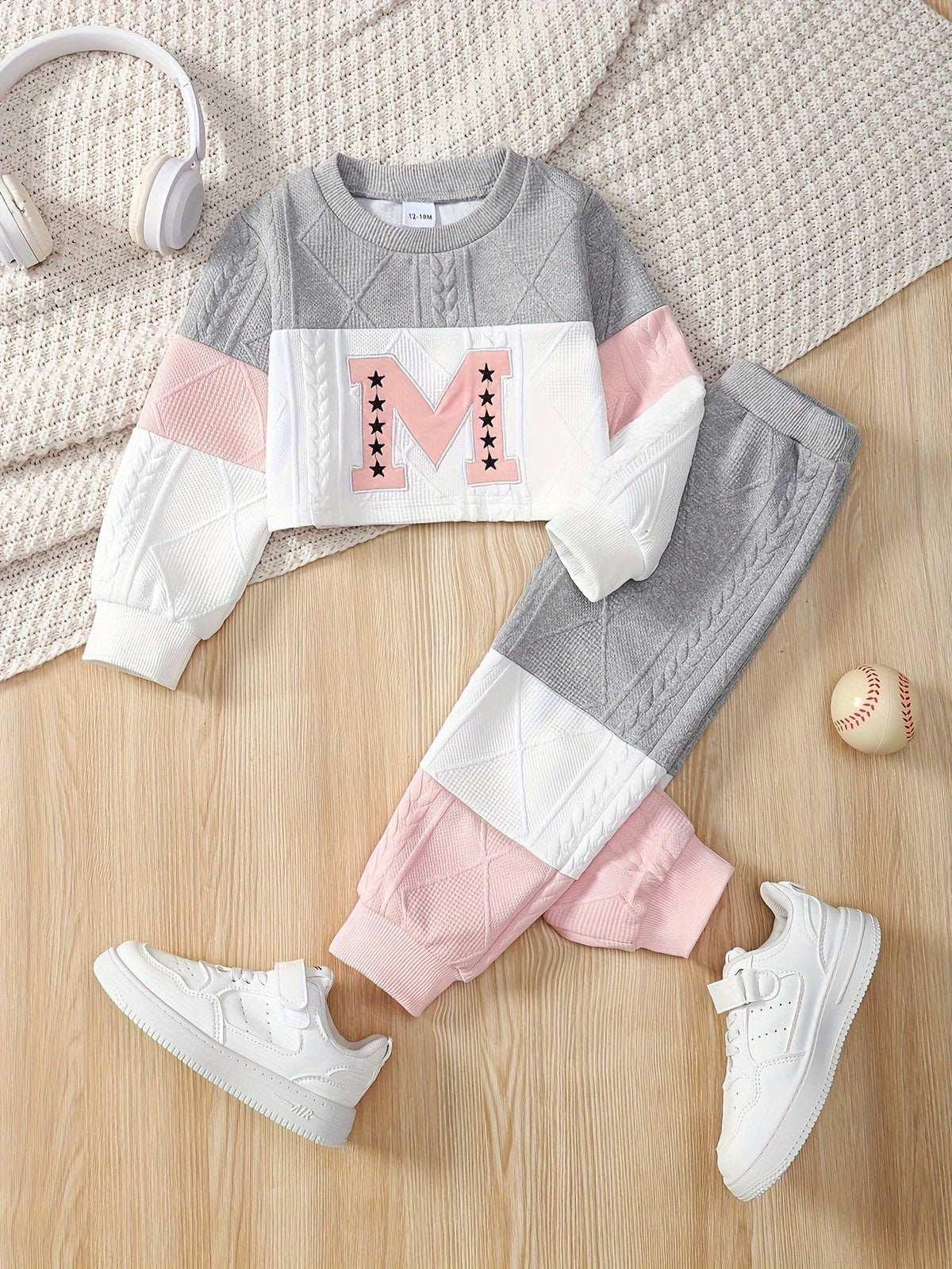 Toddler Girls' Textured Pants Set with an M Letter Top and Gray Pink White Colorblocking in 18-24M