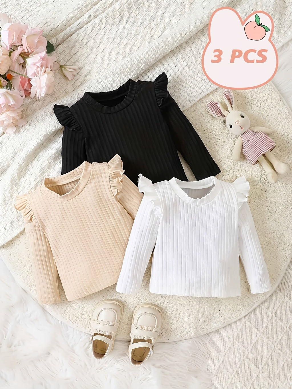 Baby Girls' Ribbed Tops Three-Pack with Long Sleeves and Ruffled Shoulders for Everyday Layered Outfits