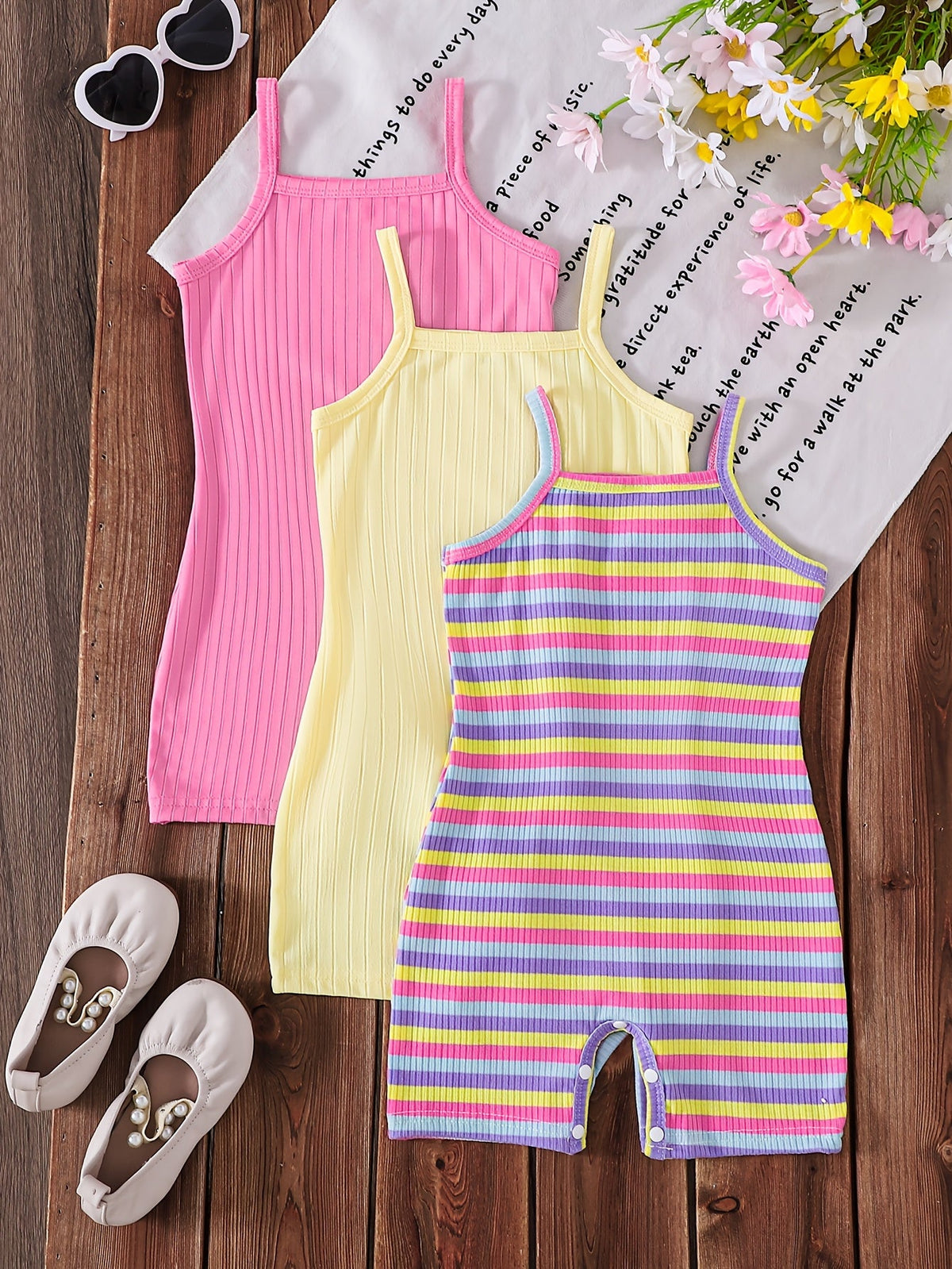 Girls' Ribbed Short Rompers Three Pack in Pink Yellow and Stripes with Shoulder Straps for Summer