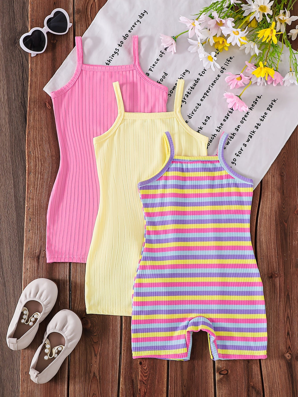 Girls' Ribbed Short Rompers Three Pack in Pink Yellow and Stripes with Shoulder Straps for Summer
