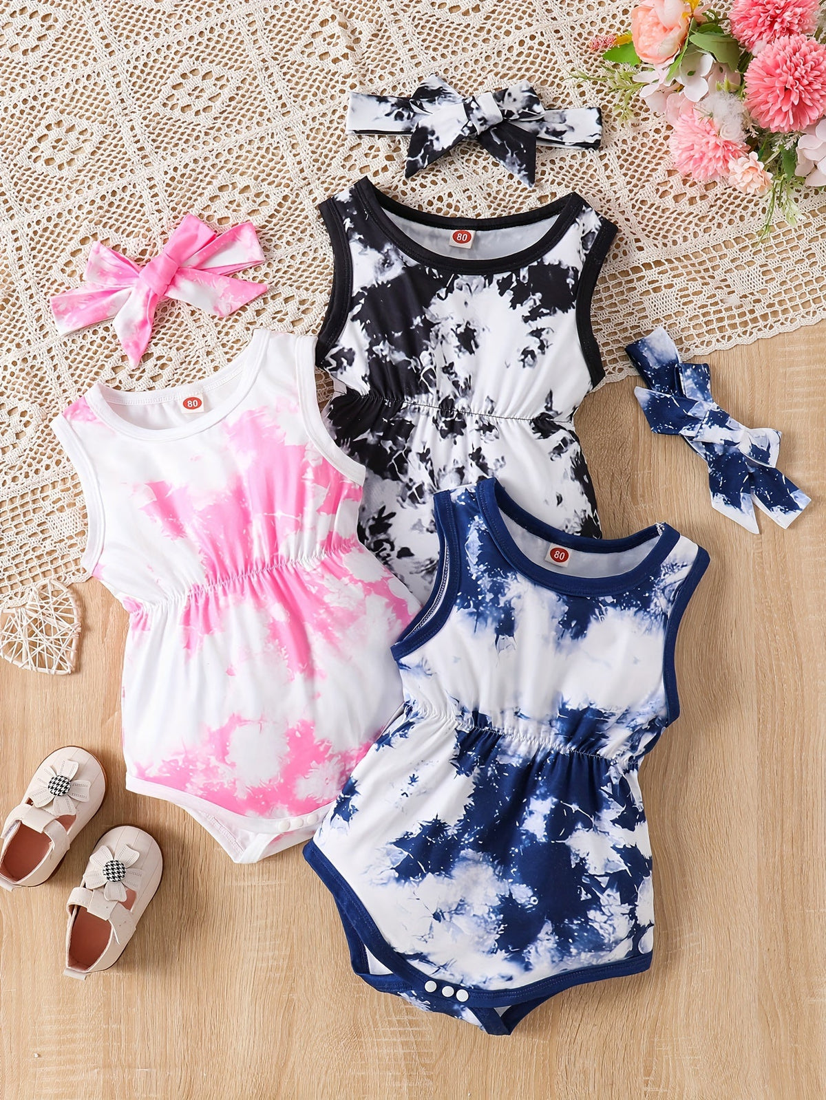Baby Girls' Tie-Dye Bodysuit Set with Sleeveless Cuts and Coordinating Bow Headbands for Summer Outfits
