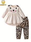Baby Girls' Cat Print Outfit Set with a Long Sleeve Ruffle Tunic and Leopard Pants for Everyday Wear
