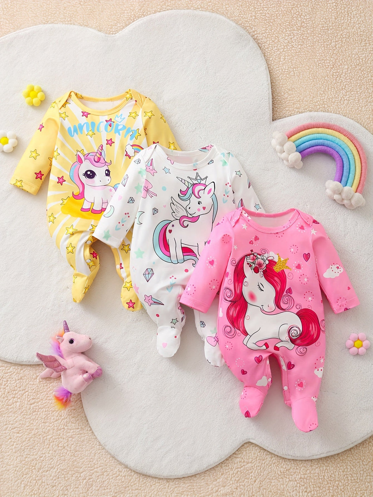Baby Girls' Unicorn Footed Rompers 3-Pack in Pink, White and Yellow with Long Sleeves for Daily Changes