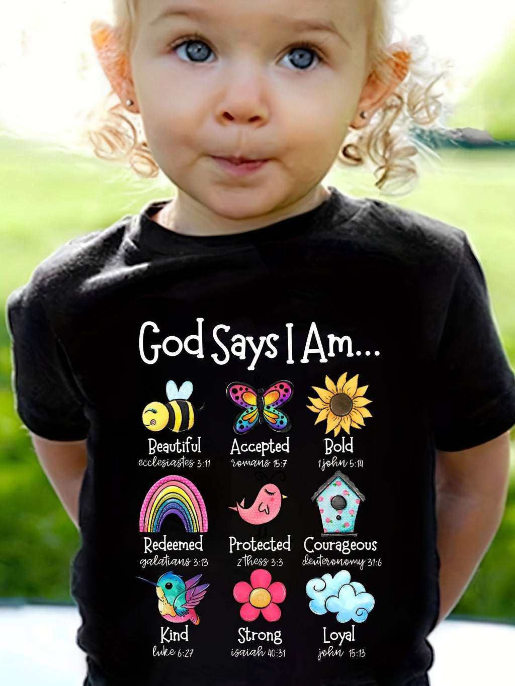 Girls' God Says I Am Graphic T-Shirt with Colorful Nature Motifs and Short Sleeves for Casual Everyday Wear