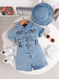 Baby Girls' Short Sleeve Denim Style Romper Set with a Matching Bucket Hat for Summer Outfits