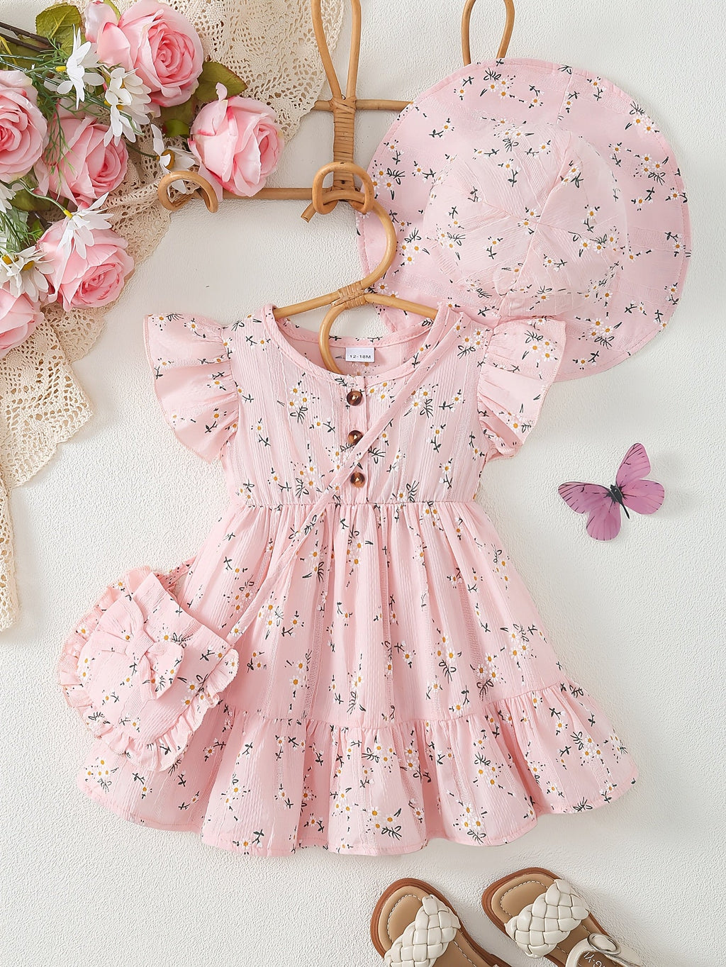 Girls' Floral Dress Set with a Matching Sun Hat and Small Bag for Coordinated Warm Weather Outfits