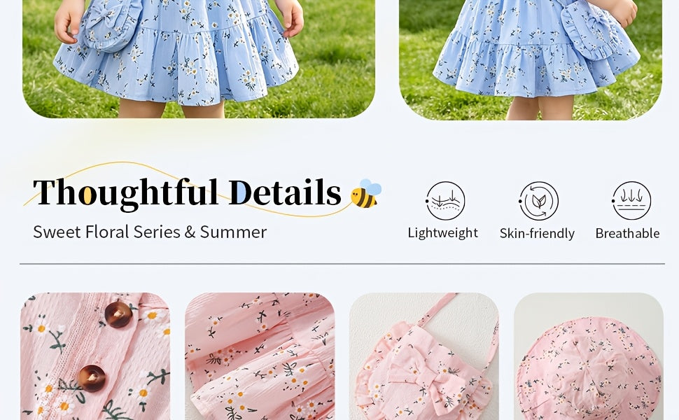 Girls' Floral Dress Set with a Matching Sun Hat and Small Bag for Coordinated Warm Weather Outfits