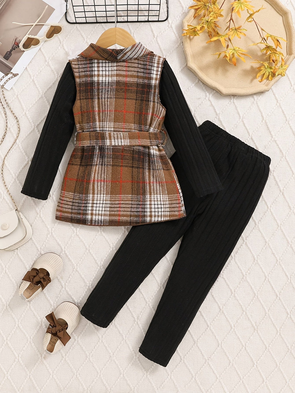 Girls Outfit Set in Brown Plaid and Black with a Belted Vest for Coordinated Autumn Layering