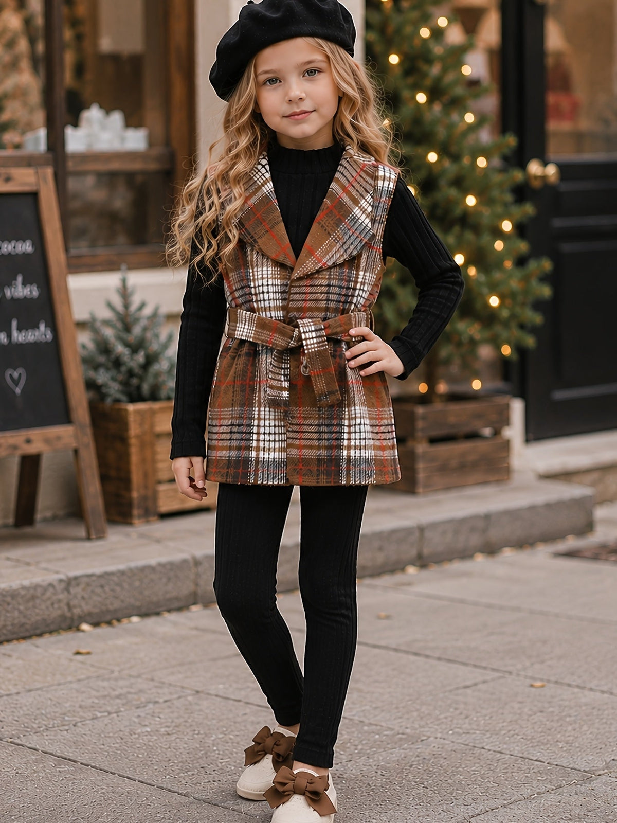 Girls Outfit Set in Brown Plaid and Black with a Belted Vest for Coordinated Autumn Layering