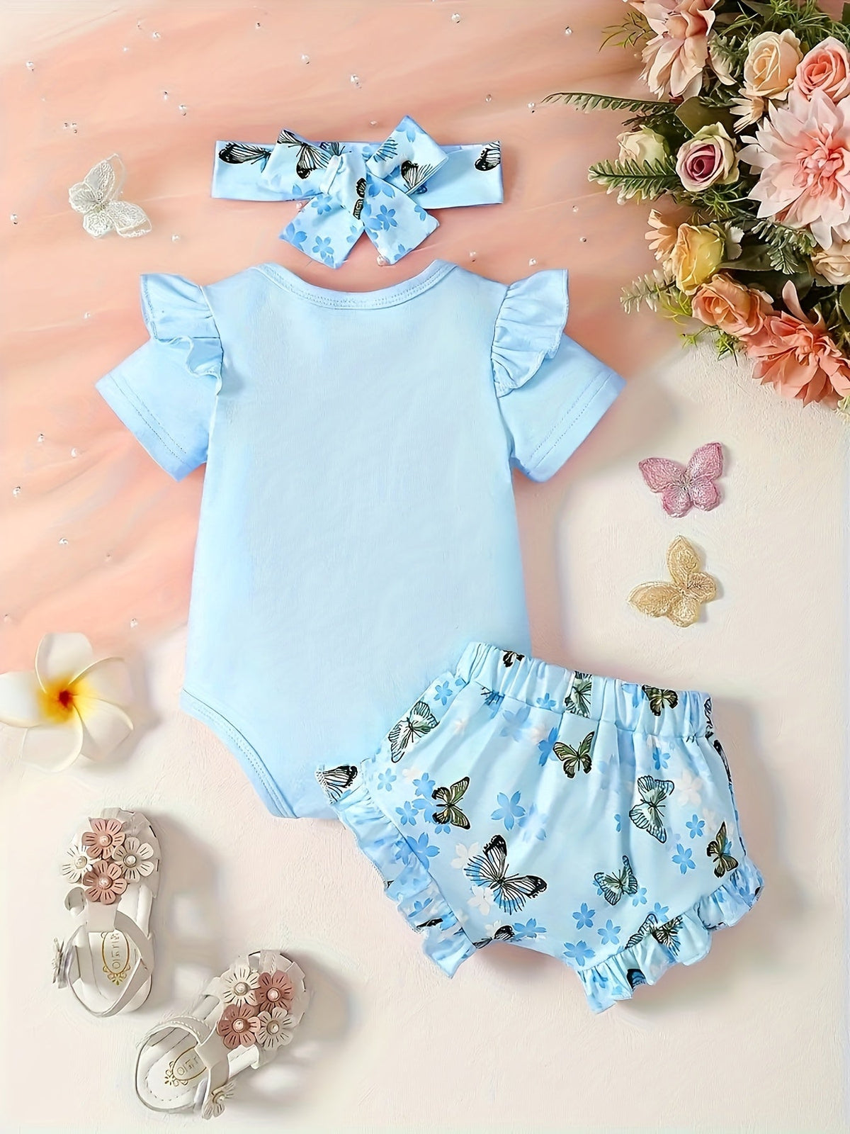 Baby Girls' Butterfly Outfit Set with a Ruffle Sleeve Bodysuit and Matching Shorts Plus a Bow Headband