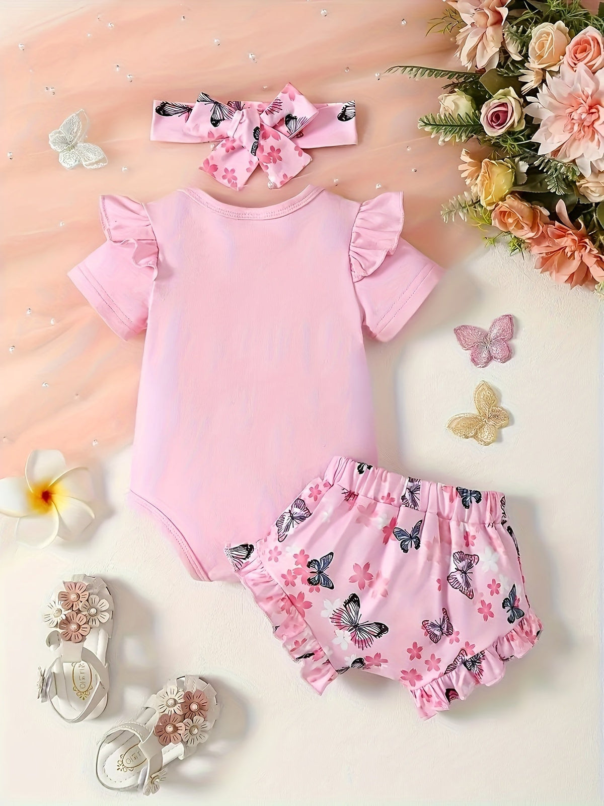 Baby Girls' Butterfly Outfit Set with a Ruffle Sleeve Bodysuit and Matching Shorts Plus a Bow Headband