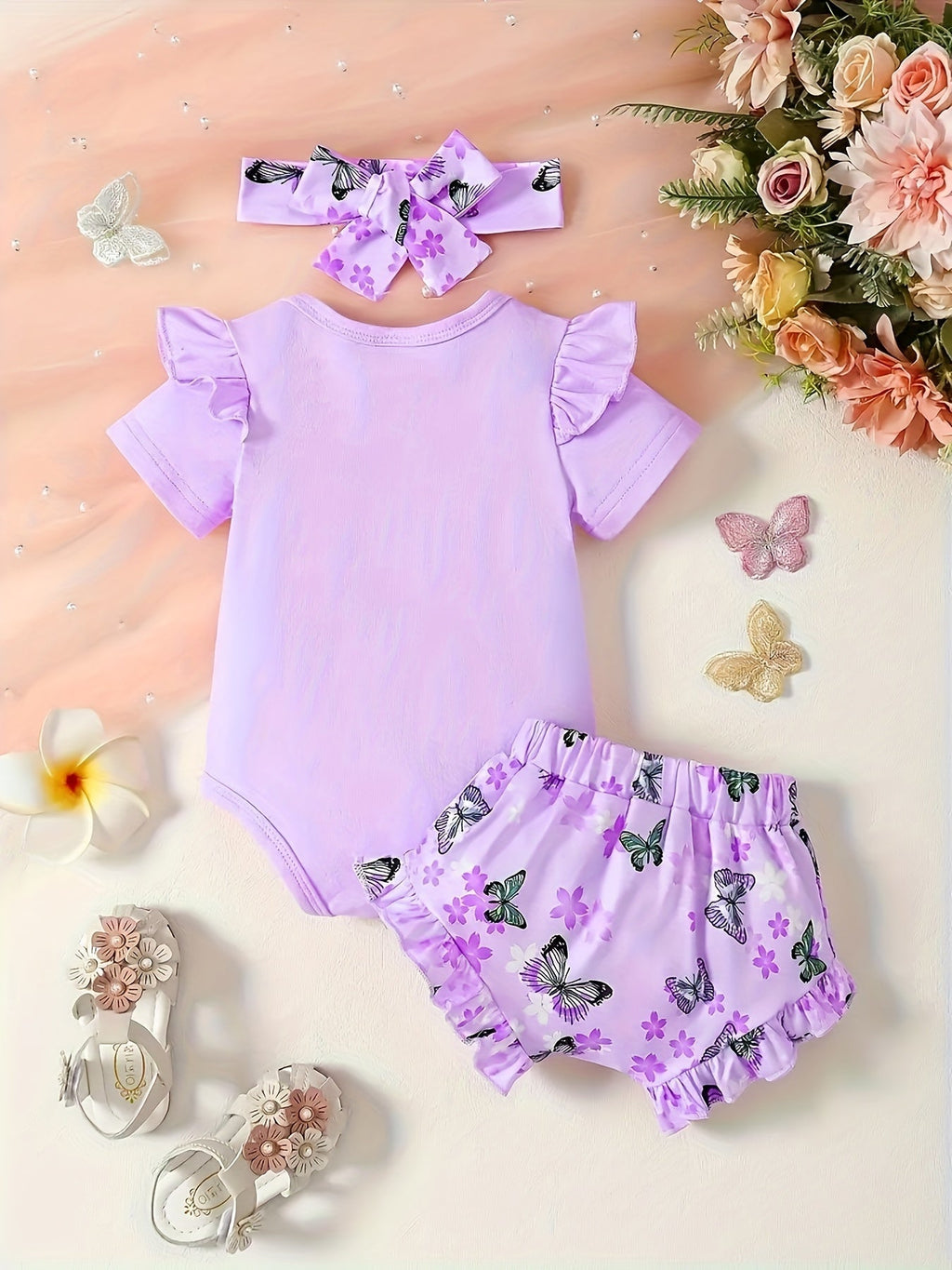 Baby Girls' Butterfly Outfit Set with a Ruffle Sleeve Bodysuit and Matching Shorts Plus a Bow Headband