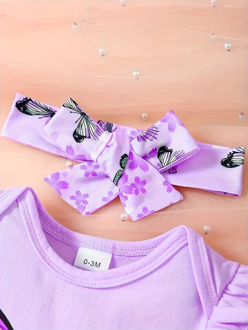 Baby Girls' Butterfly Outfit Set with a Ruffle Sleeve Bodysuit and Matching Shorts Plus a Bow Headband