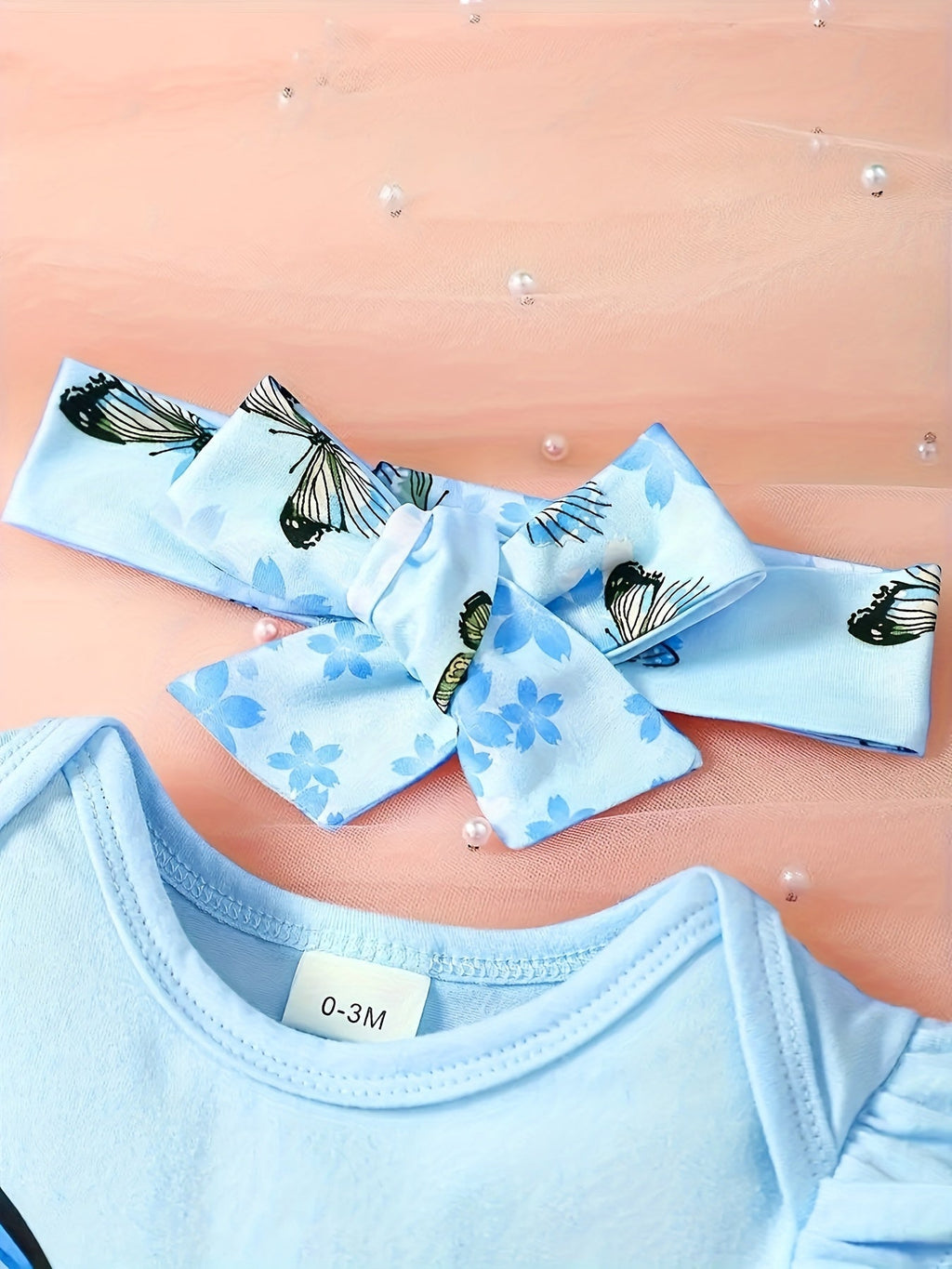 Baby Girls' Butterfly Outfit Set with a Ruffle Sleeve Bodysuit and Matching Shorts Plus a Bow Headband