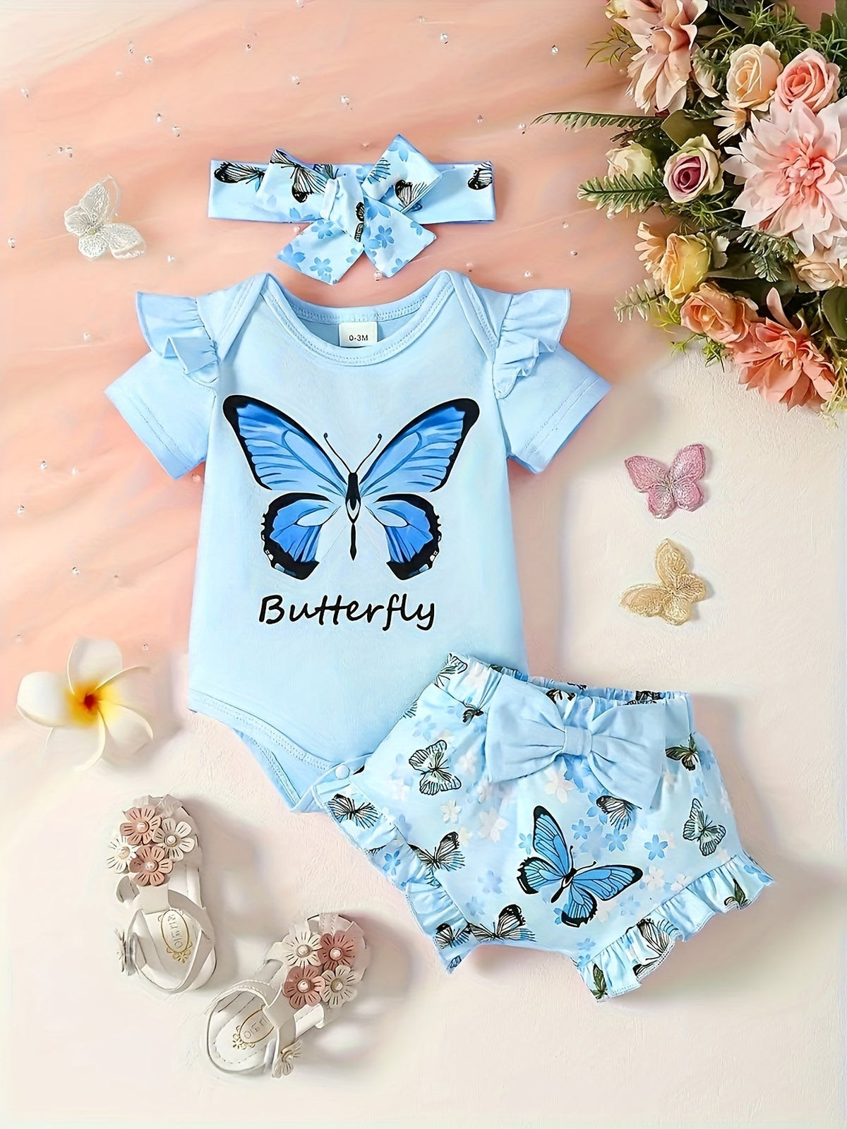 Baby Girls' Butterfly Outfit Set with a Ruffle Sleeve Bodysuit and Matching Shorts Plus a Bow Headband