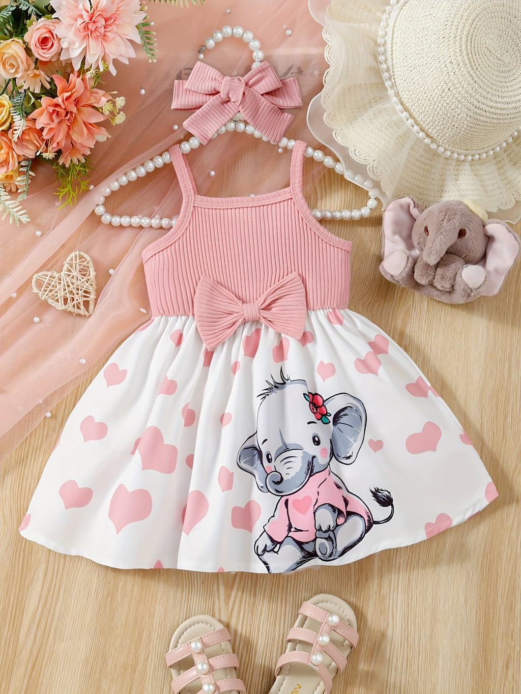 Baby Girls' Pink Elephant Print Cami Dress and Bow Headband Set with a Heart Pattern for Spring and Summer