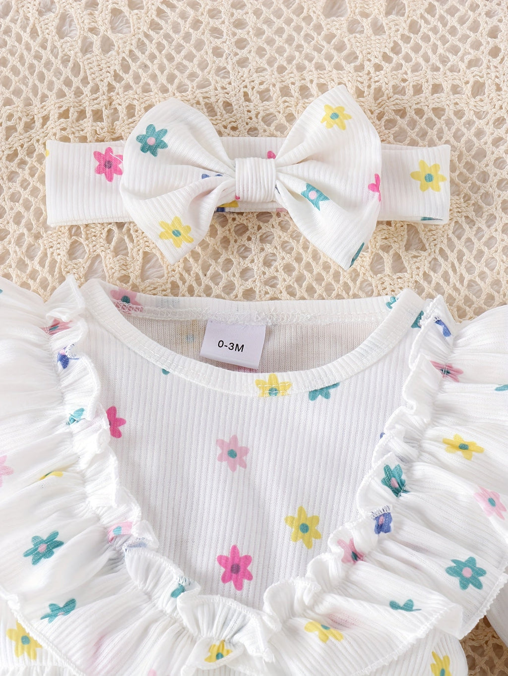 Baby Girls' Floral Romper Set with Long Sleeves and Lace-Trim Socks for a Coordinated White Outfit