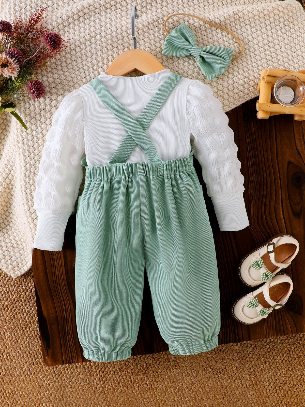 Baby Girls' Green Floral Overall Set with a White Long Sleeve Top and Matching Bow Headband for Spring
